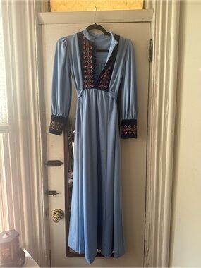 Gorgeous Authentic Vintage 70’s Nordic Style Embroidered Velvet Maxi Dress